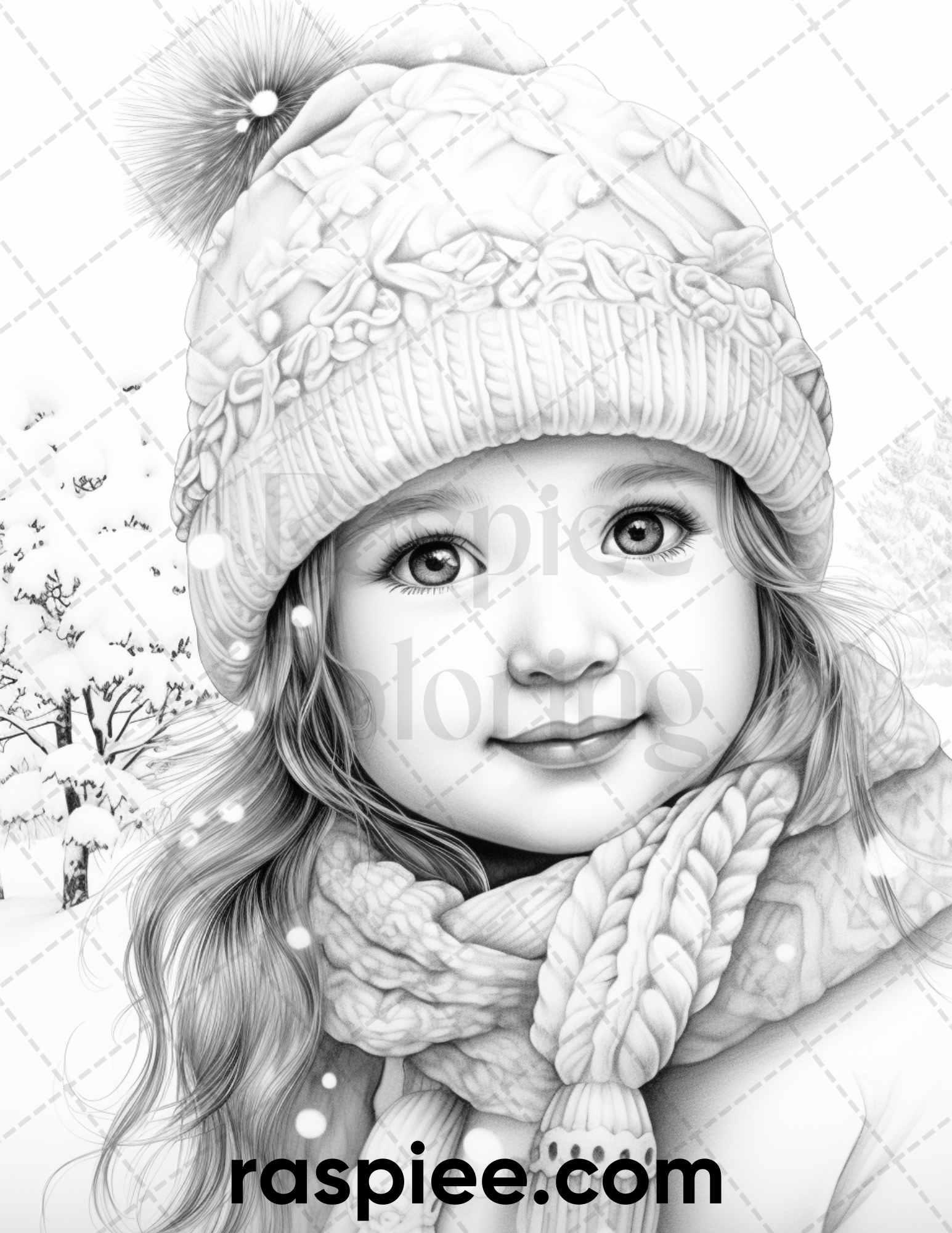 50 Baby Winter Portrait Grayscale Coloring Pages Printable for Adults, PDF File Instant Download