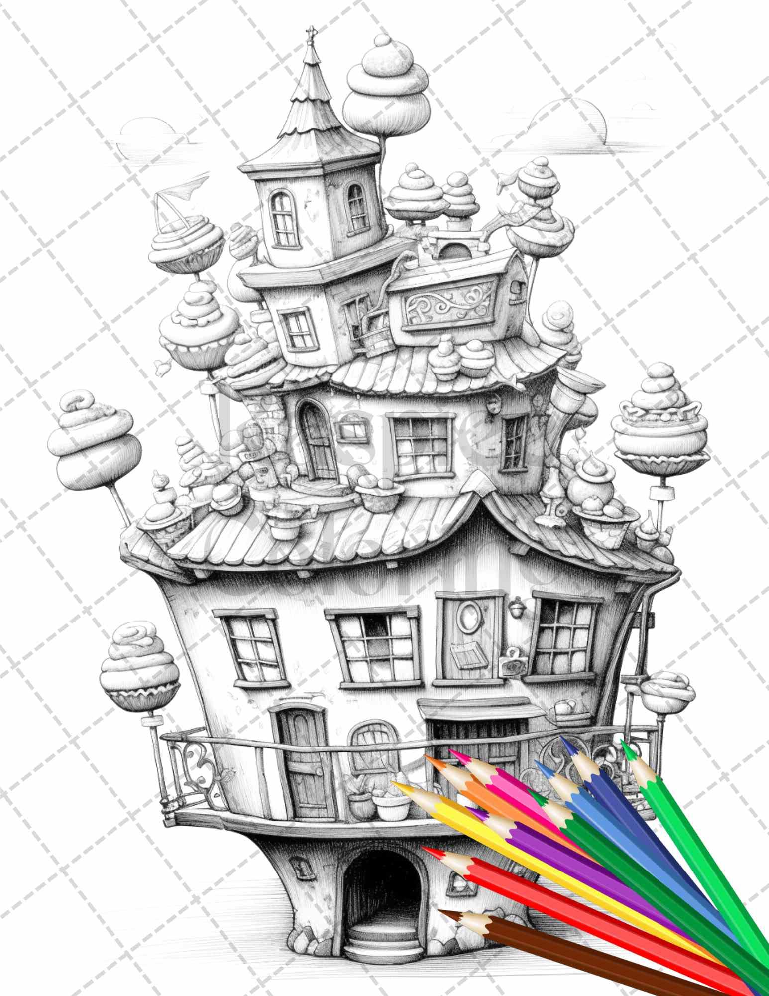 50 Adorable Cake Houses Grayscale Coloring Pages Printable for Adults and Kids, PDF File Instant Download