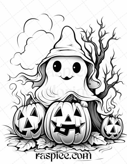50 Halloween Cute Ghosts Grayscale Coloring Printable for Adults Kids, PDF File Instant Download