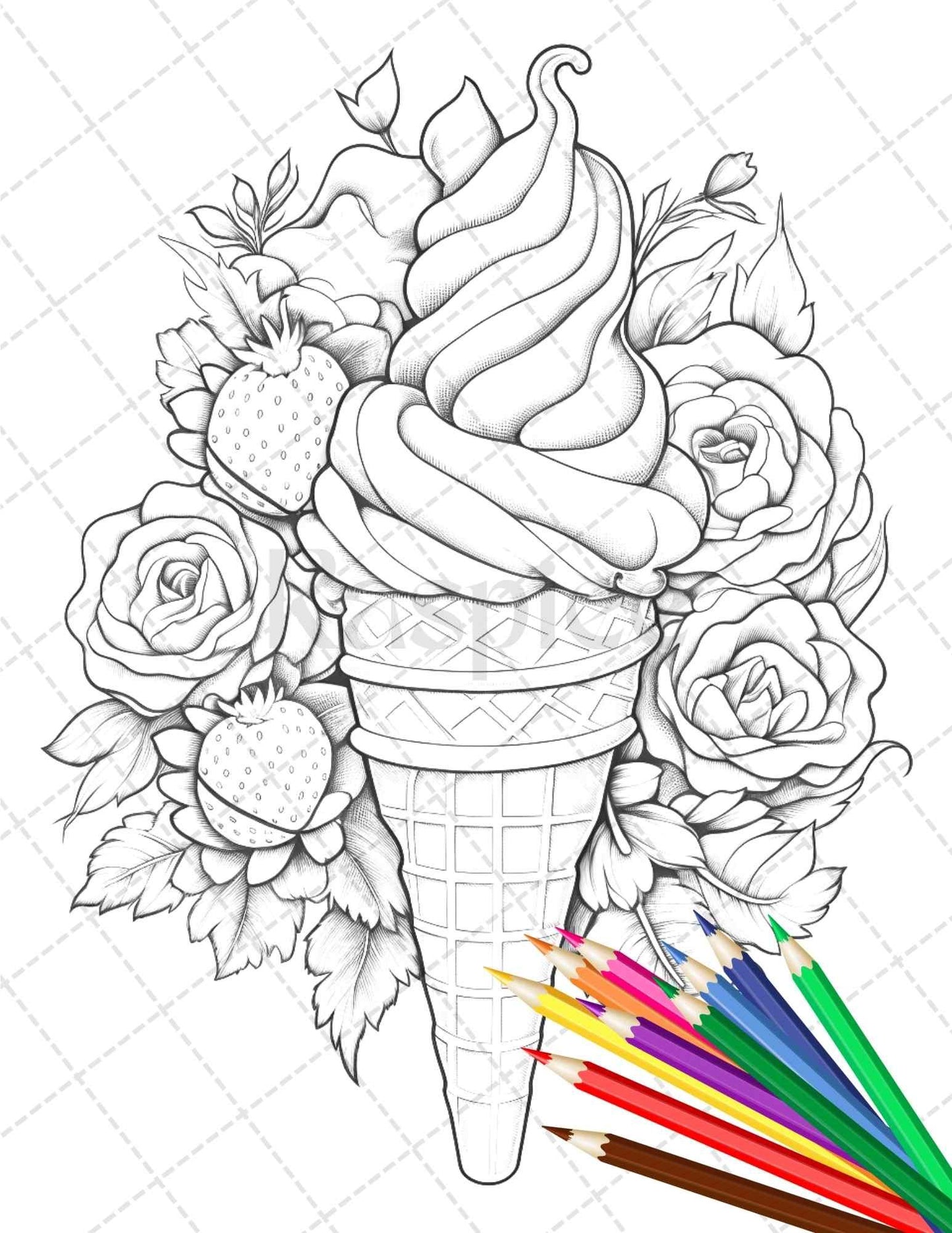 52 Printable Ice Cream Desserts Coloring Pages for Adults and Kids, Grayscale Coloring Page, PDF File Instant Download