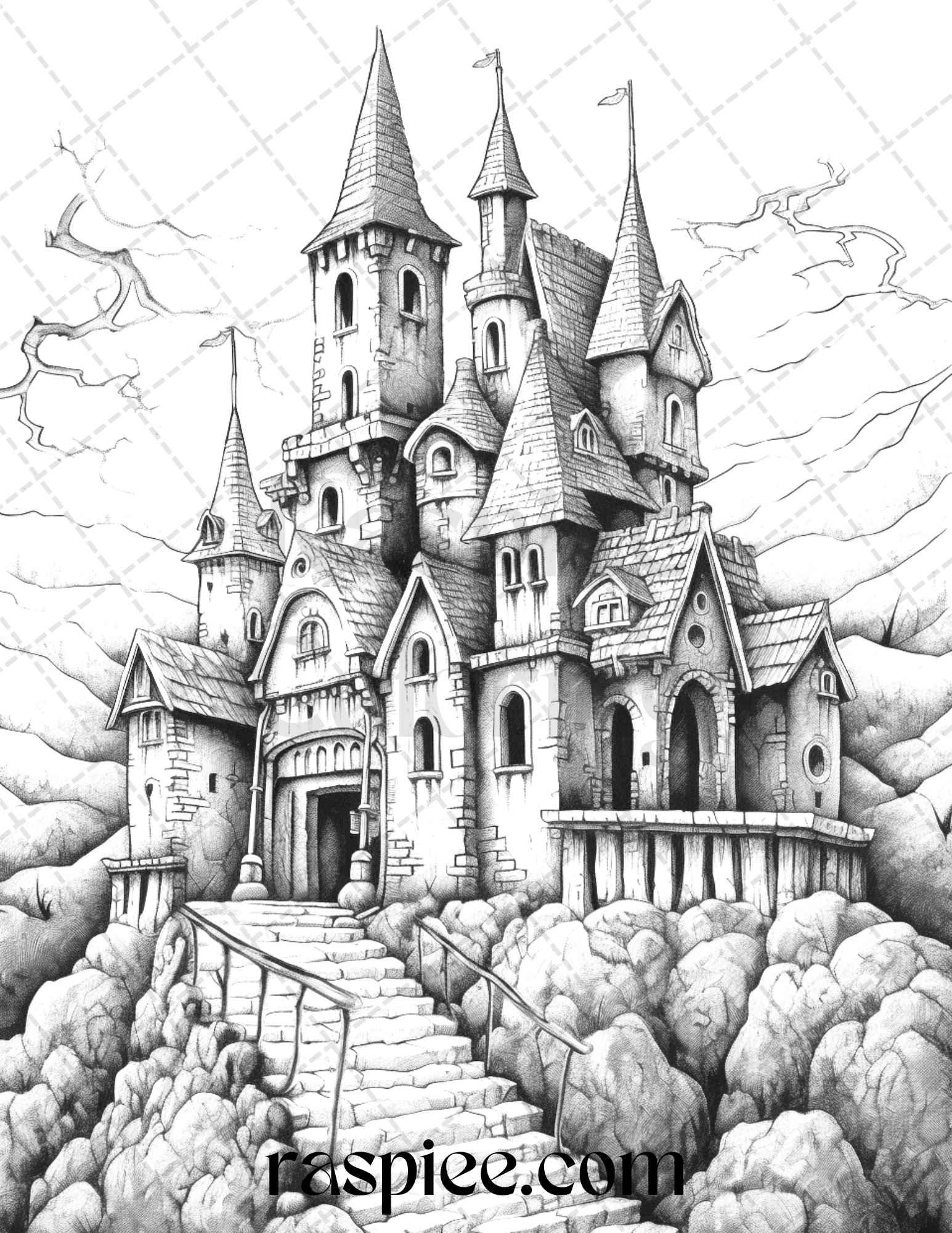 50 Haunted Castles Grayscale Coloring Pages Printable, Halloween Coloring Book, PDF File Instant Download