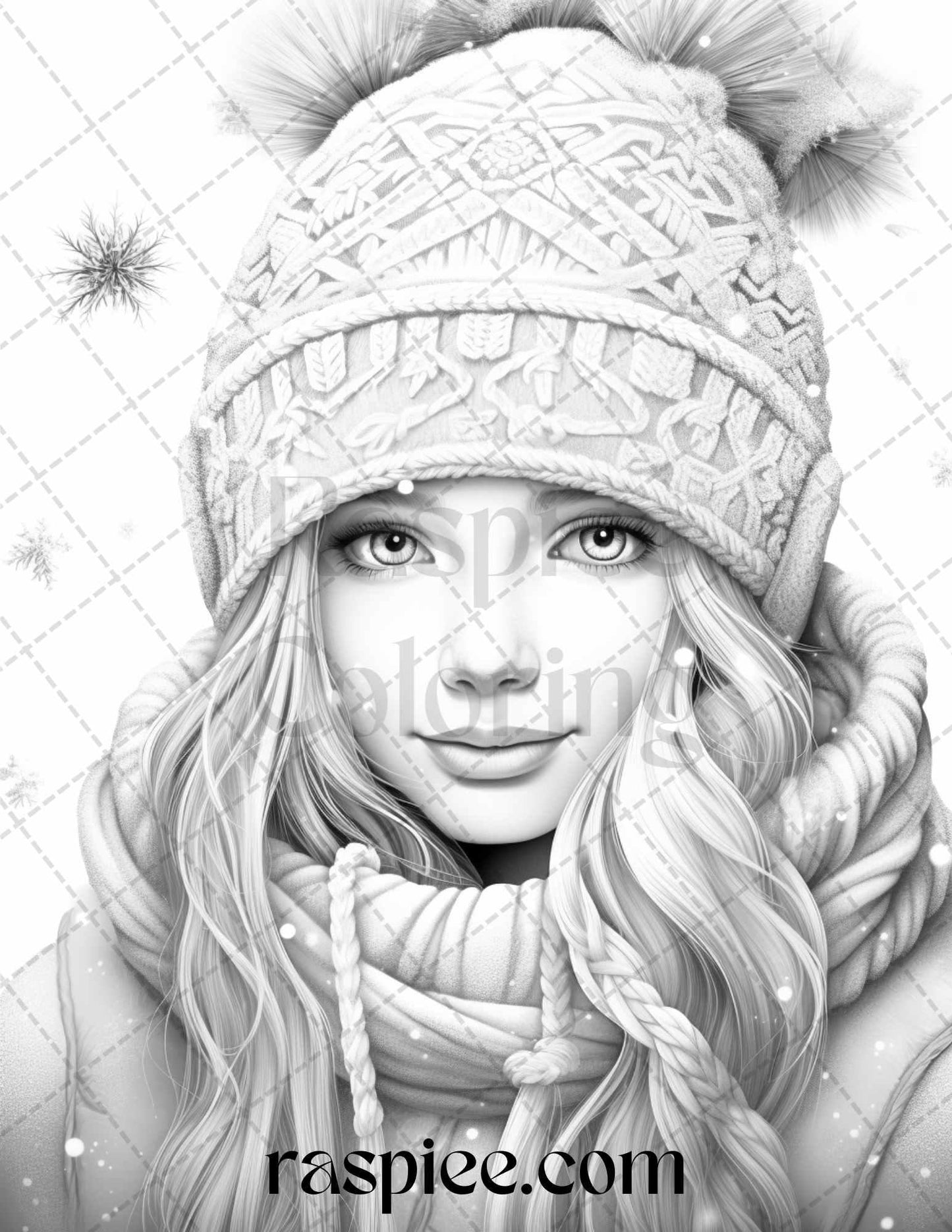 60 Beautiful Winter Girls Grayscale Coloring Pages Printable for Adults, PDF File Instant Download
