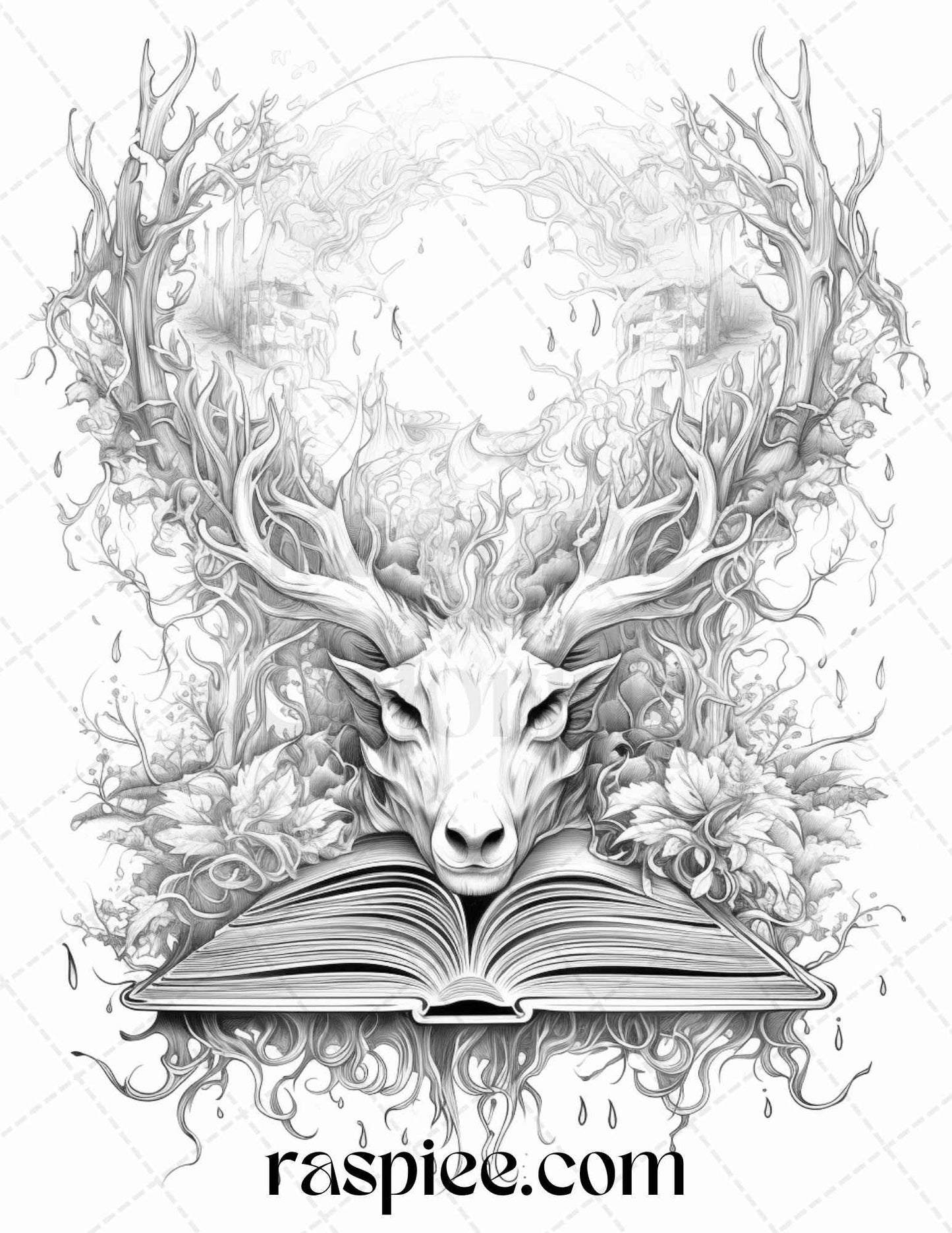 50 Magical Books Grayscale Coloring Pages Printable for Adults, PDF File Instant Download
