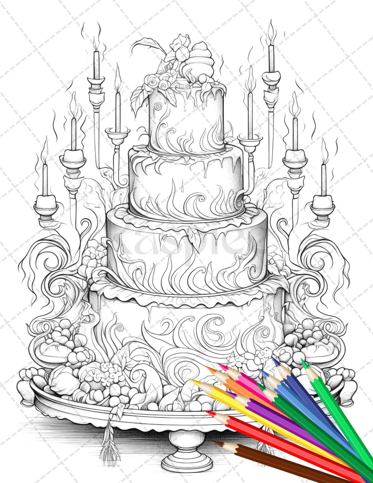 38 Whimsical Cakes Grayscale Coloring Pages for Adults, PDF File Instant Download