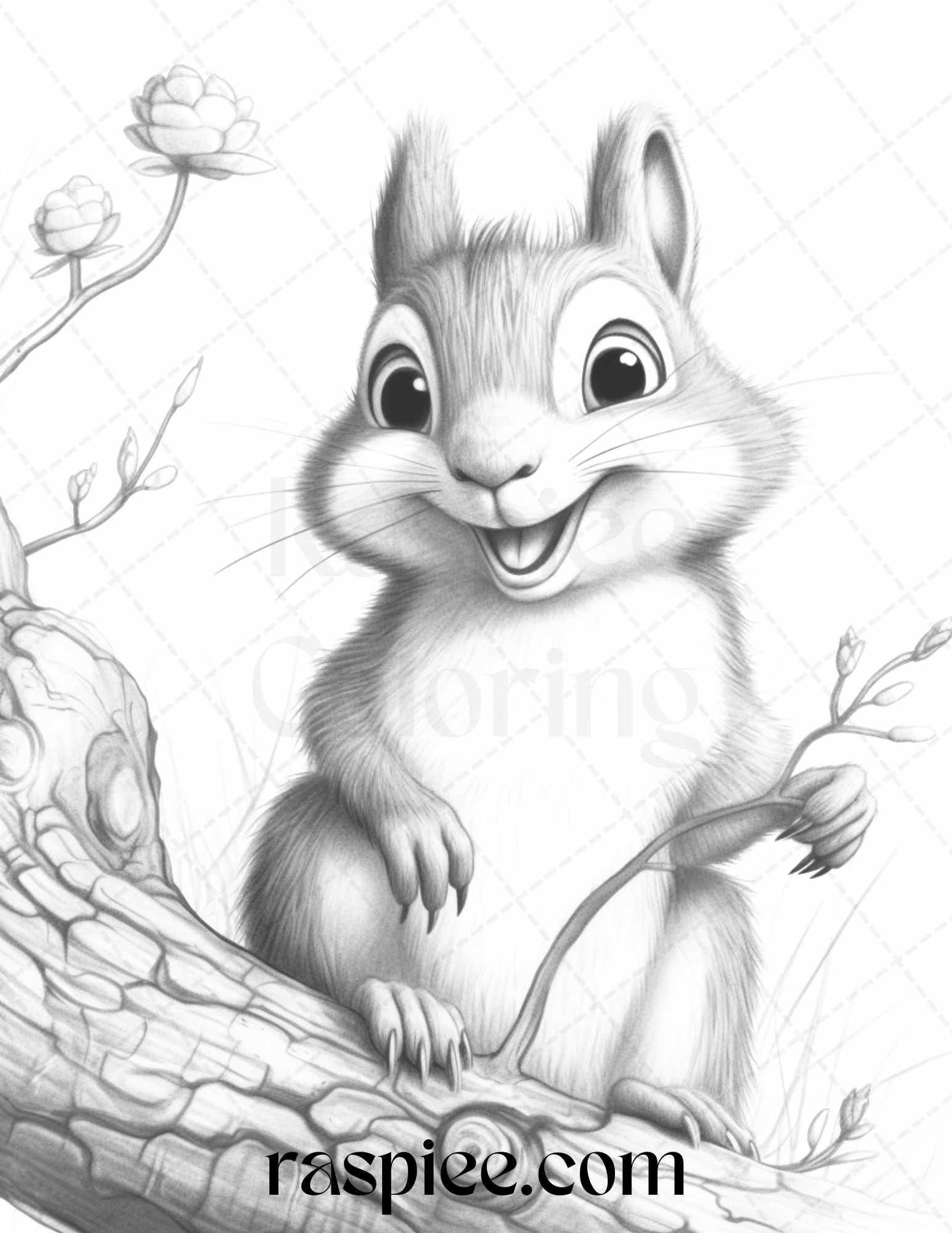 52 Adorable Squirrels Grayscale Coloring Pages Printable for Adults Kids, PDF File Instant Download