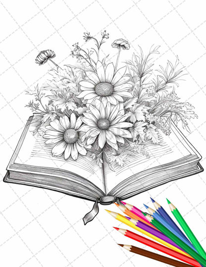 31 Book Flowers Coloring Pages Printable for Adults, Grayscale Coloring Page, PDF File Instant Download