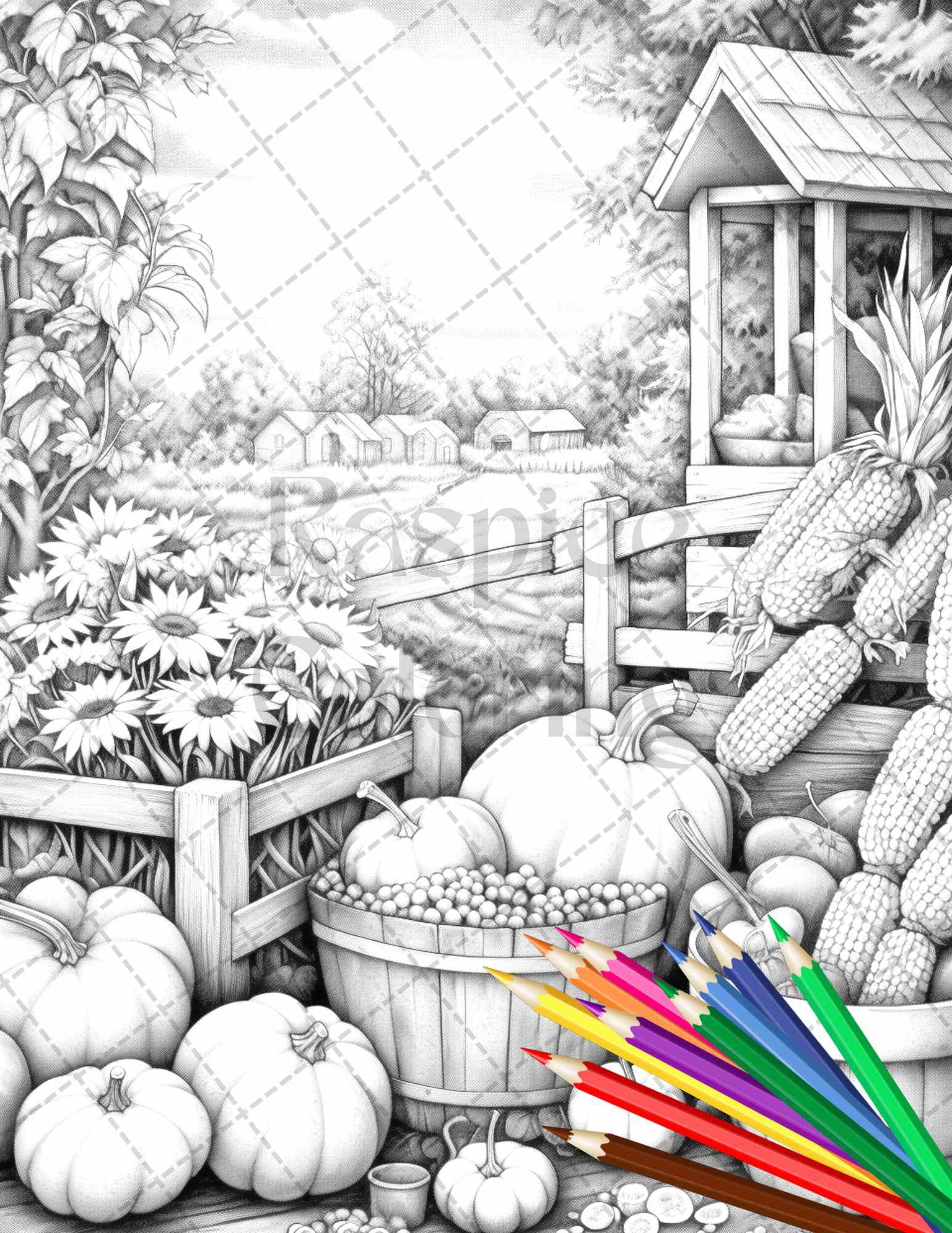 Autumn Harvest Grayscale Coloring Pages Printable for Adults, Relaxing Fall Themed Art, PDF File Instant Download