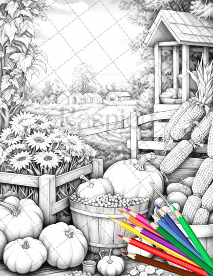 Autumn Harvest Grayscale Coloring Pages Printable for Adults, Relaxing Fall Themed Art, PDF File Instant Download