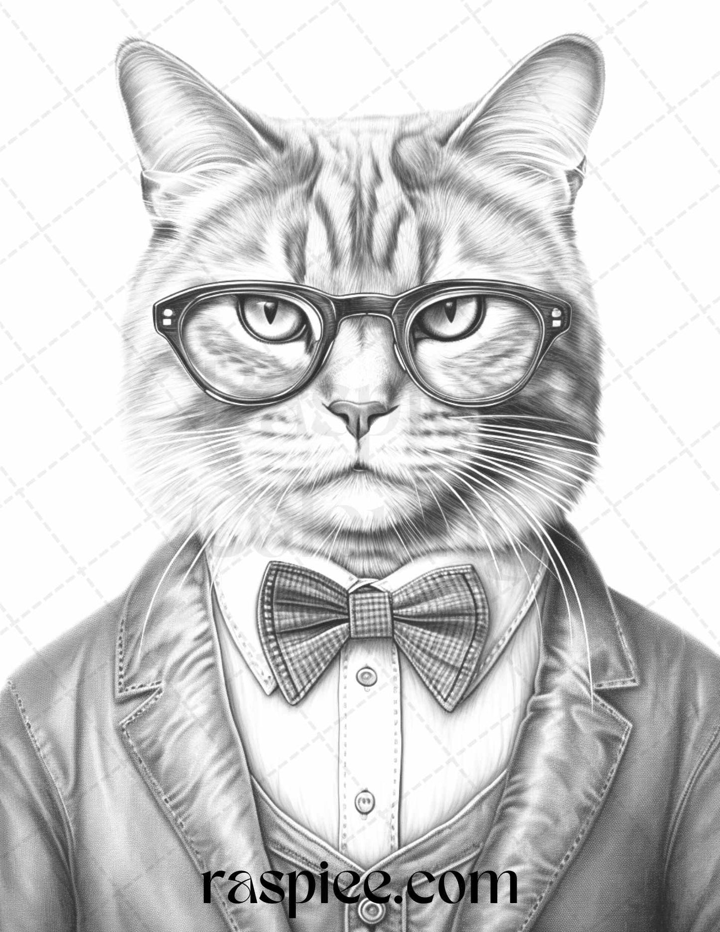 Gentleman Cat Grayscale Coloring Pages Printable for Adults Kids, PDF File Instant Download