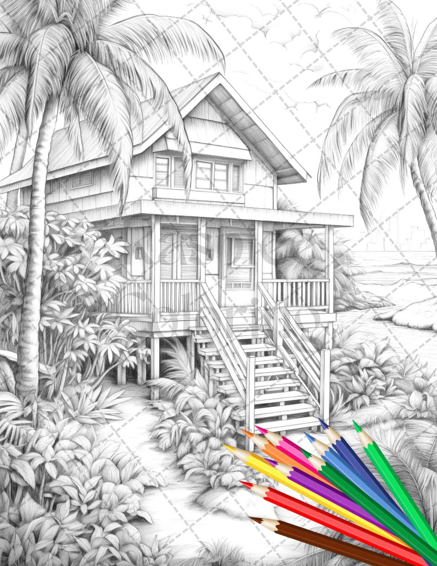 Beautiful Tropical Beach Grayscale Coloring Pages Printable for Adults, PDF File Instant Download
