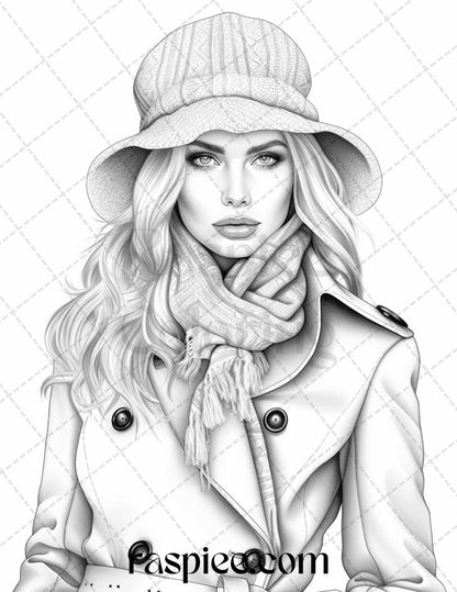 40 Winter Fashion Grayscale Coloring Pages Printable for Adults, PDF File Instant Download