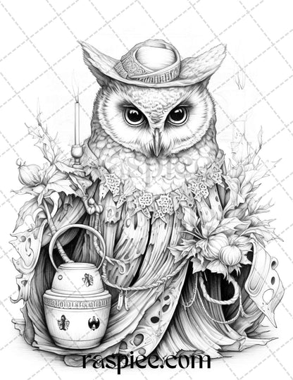 Halloween Witch Owl Grayscale Coloring Pages for Adults and Kids, Printable PDF Instant Download