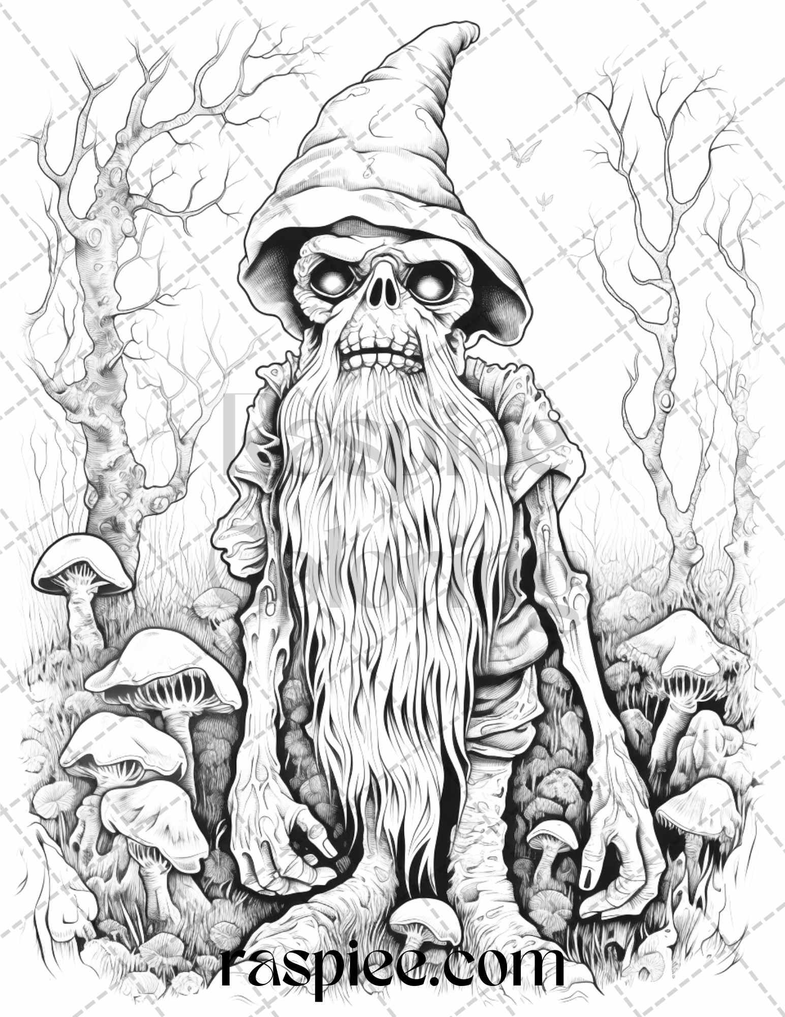 50 Horror Zombie Gnomes Grayscale Coloring Pages Printable for Adults, PDF File Instant Download