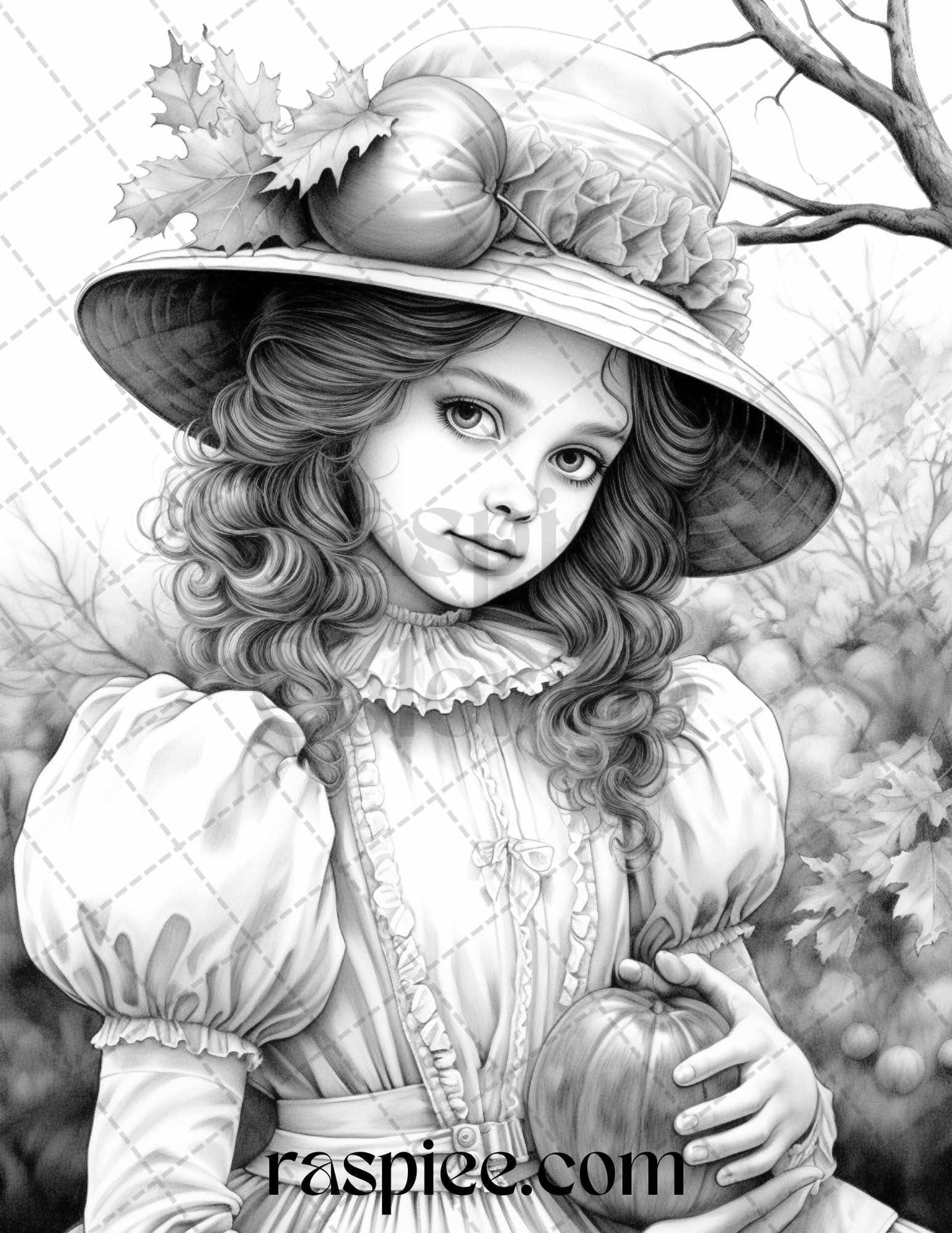 60 Victorian Autumn Portrait Grayscale Coloring Pages Printable for Adults, PDF File Instant Download