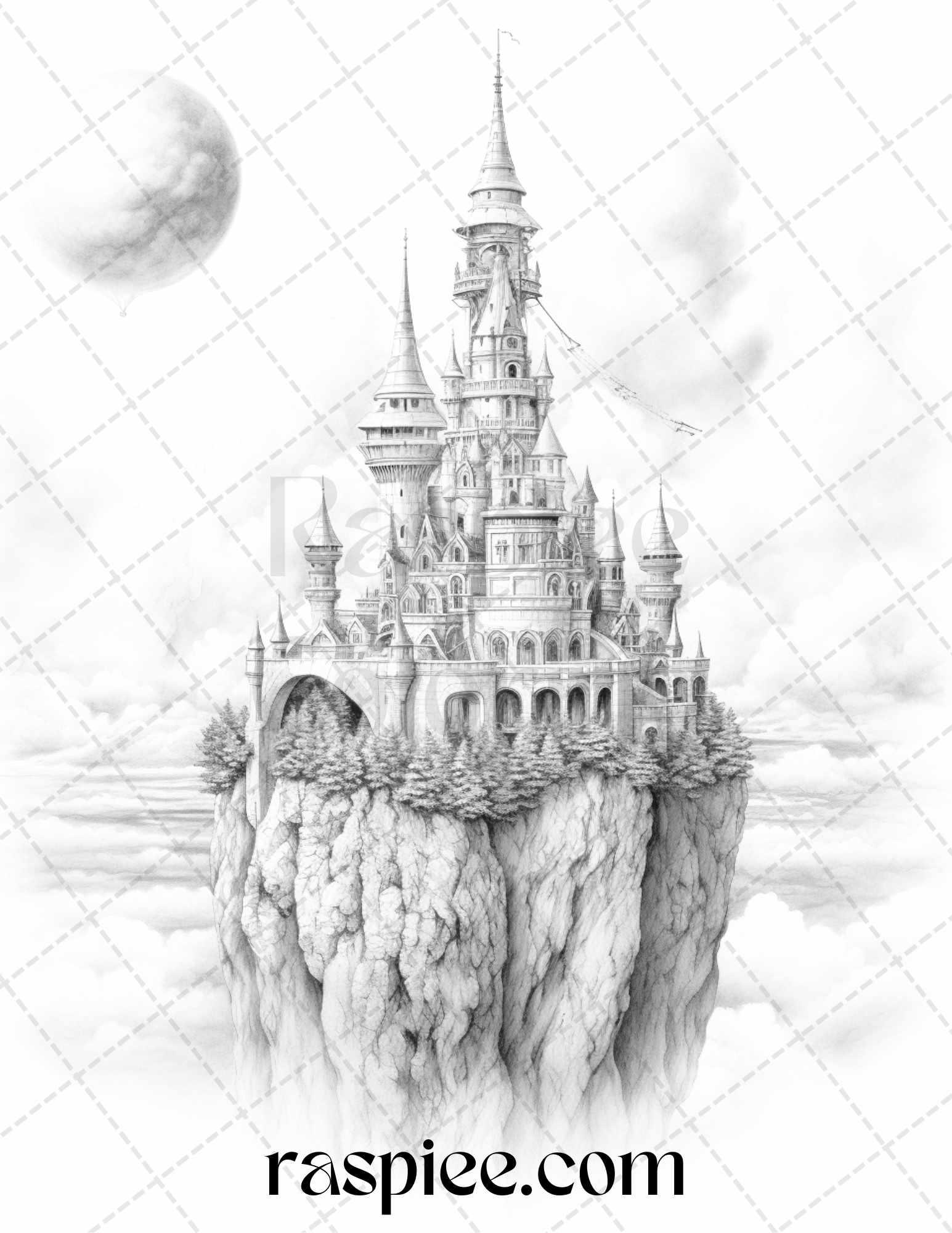 Floating Castle in the Sky Grayscale Coloring Pages for Adults, Printable PDF File Instant Download