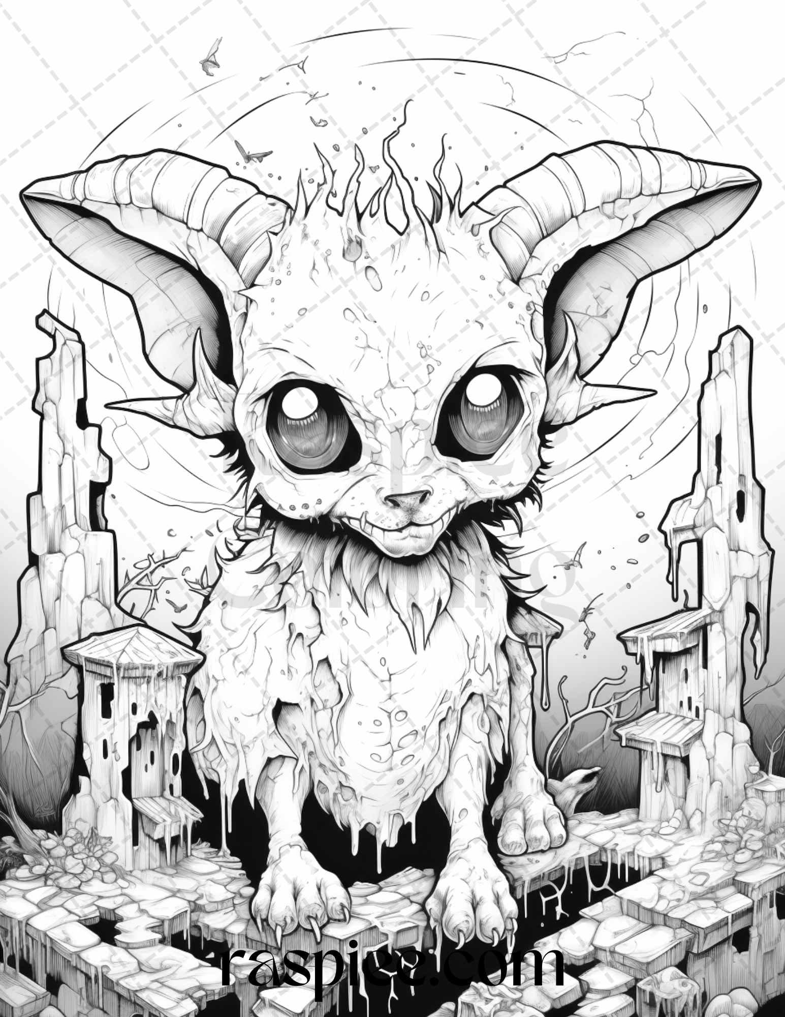 50 Halloween Scary Animals Grayscale Coloring Pages Printable for Adults, PDF File Instant Download