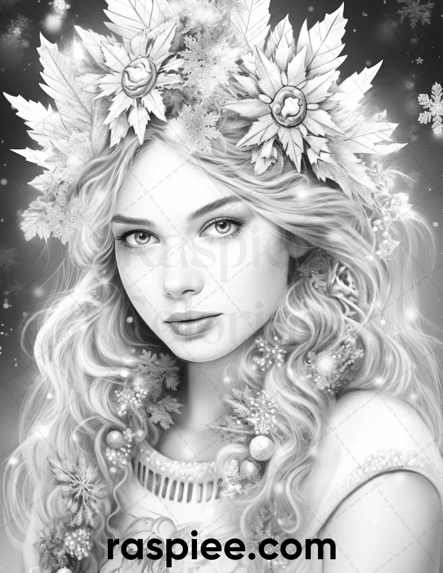50 Winter Queens Portrait Grayscale Coloring Pages Printable for Adults, PDF File Instant Download