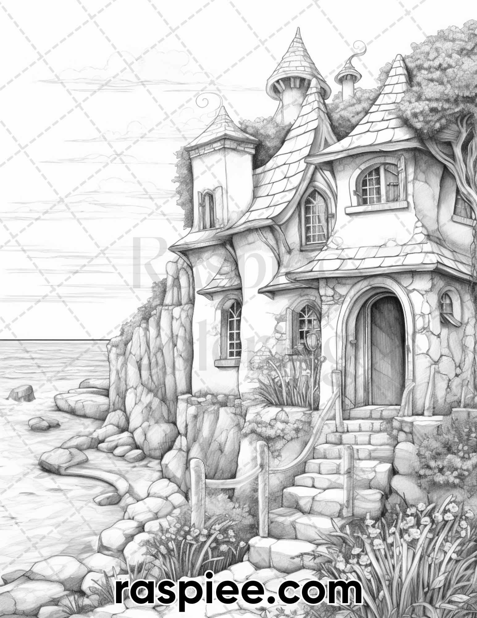 50 Fairy Beach Houses Grayscale Coloring Pages for Adults, Printable PDF Instant Download