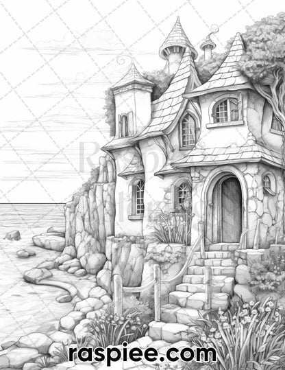 50 Fairy Beach Houses Grayscale Coloring Pages for Adults, Printable PDF Instant Download