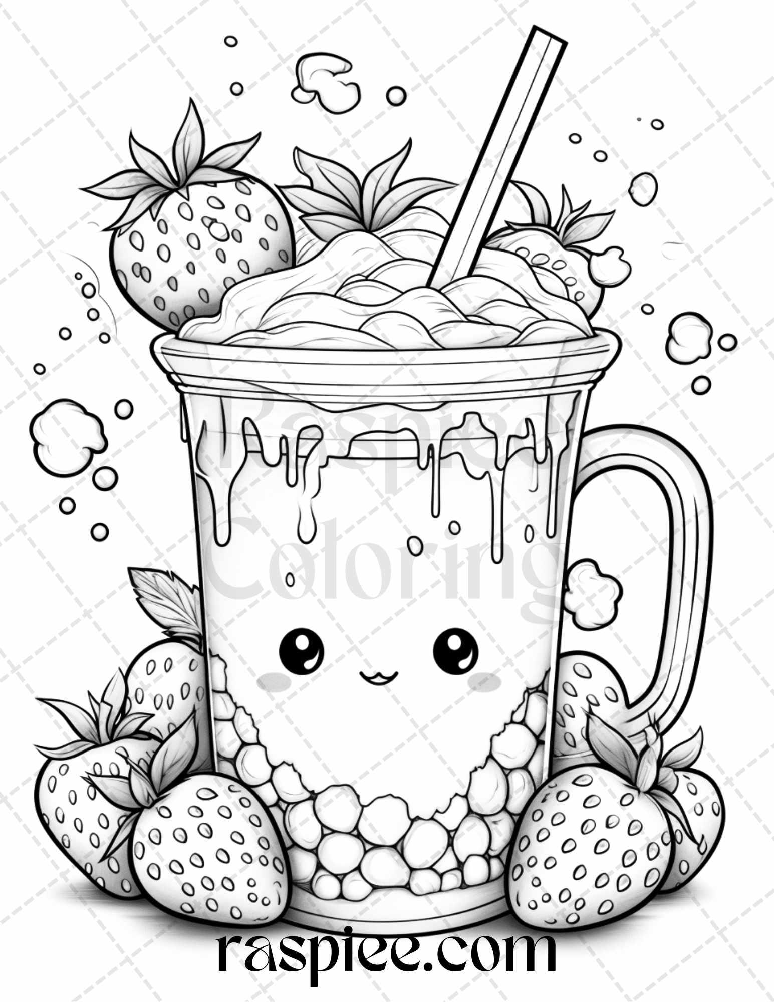 50 Cute Kawaii Boba Tea Grayscale Coloring Pages for Adults and Kids, Printable PDF File Instant Download