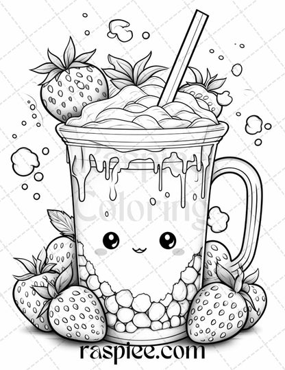 50 Cute Kawaii Boba Tea Grayscale Coloring Pages for Adults and Kids, Printable PDF File Instant Download
