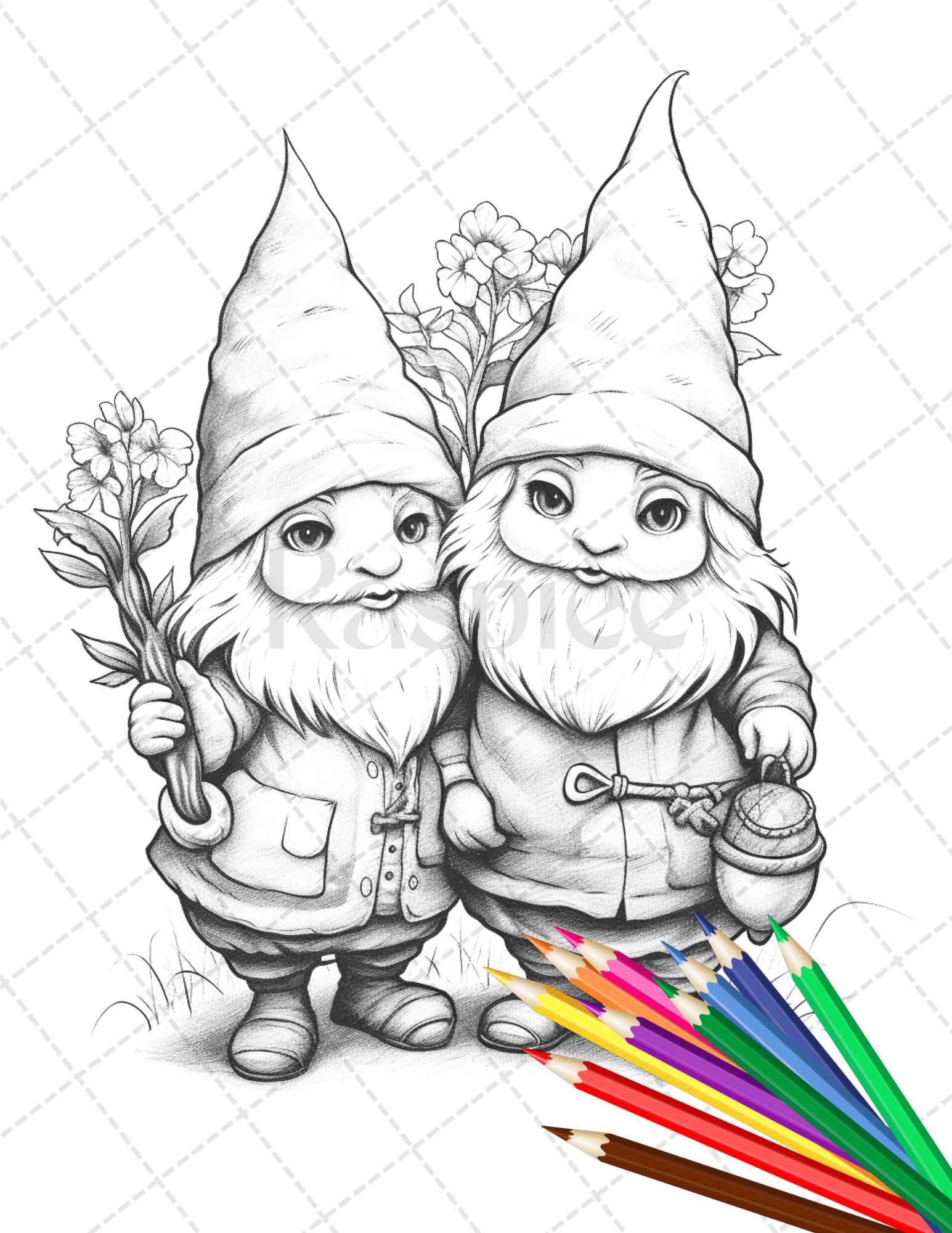 33 Gnome Love Coloring Pages Printable for Adults, Grayscale Coloring Page, PDF File Instant Download