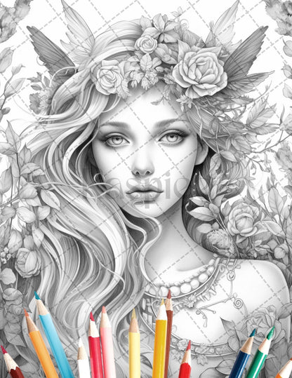 35 Beautiful Printable Elf Girls Coloring Book for Adults, Grayscale Coloring Page, PDF File Instant Download