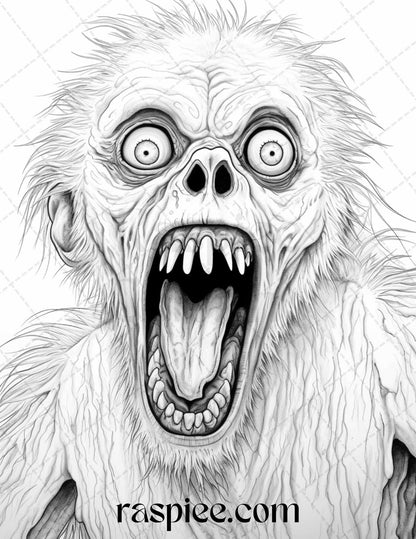 66 Horror Zombie Animals Grayscale Coloring Pages Printable for Adults, PDF File Instant Download