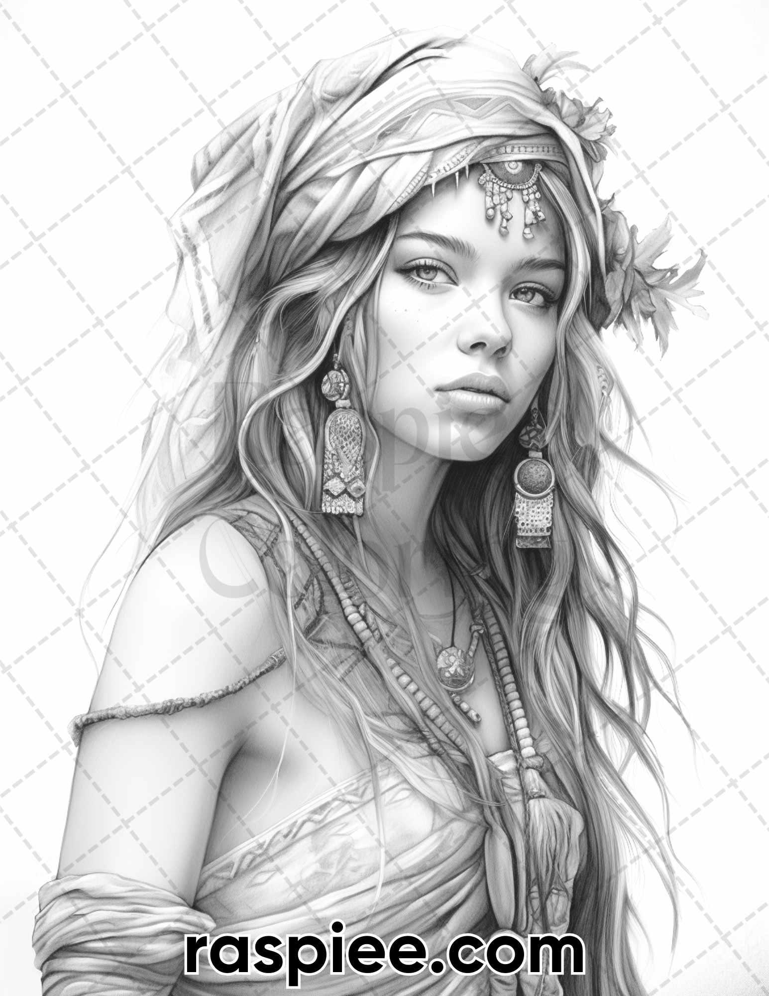 60 Bohemian Beauties Grayscale Coloring Pages for Adults, Printable PDF Instant Download