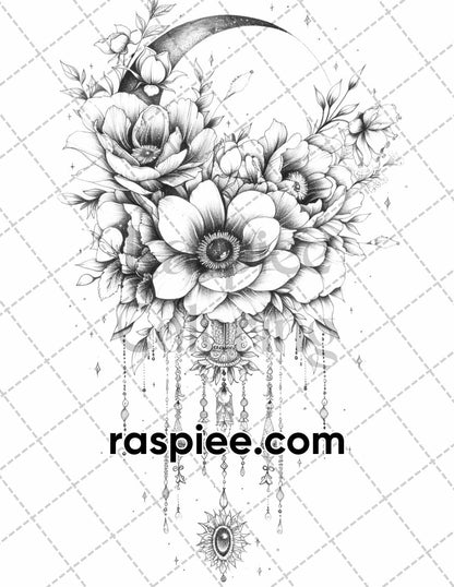 60 Boho Moon Floral Grayscale Adult Coloring Pages Printable PDF Instant Download