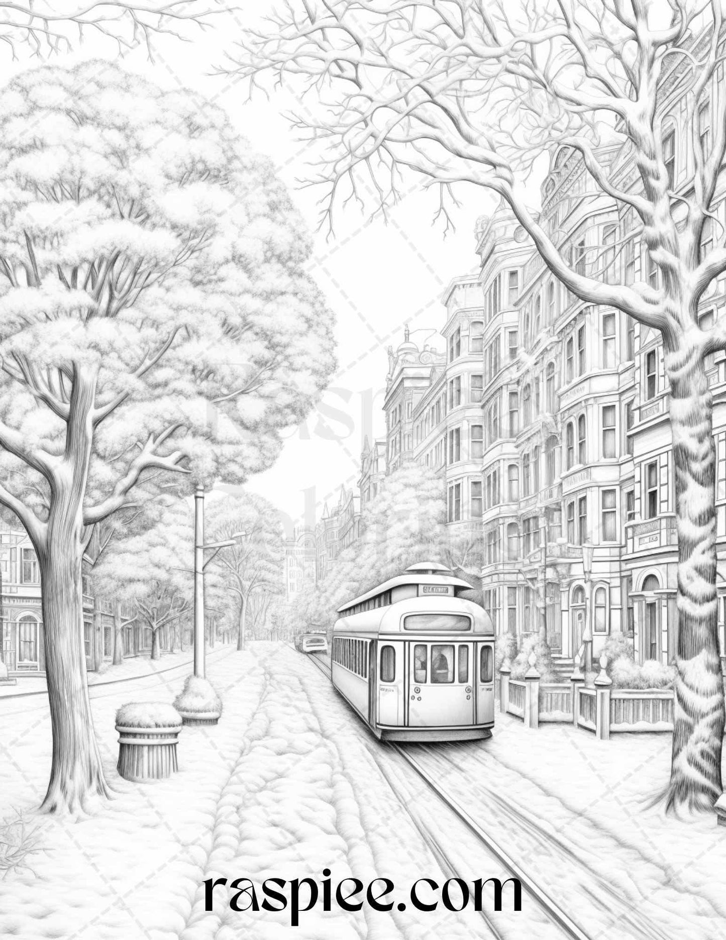 Winter Scenery Grayscale Coloring Pages Printable, Relaxing Snowy Landscapes, PDF File Instant Download