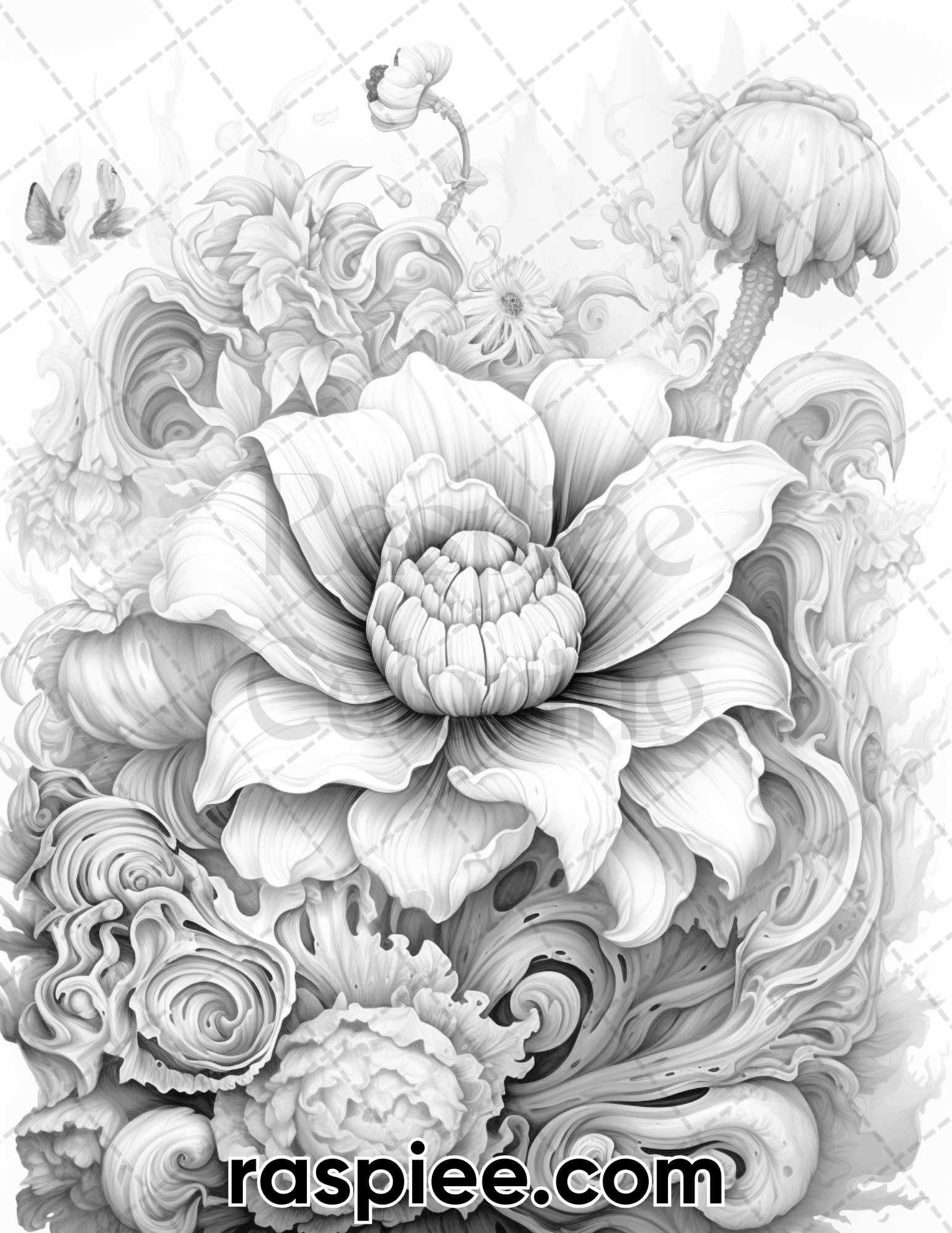 55 Fantasy Flowers Grayscale Coloring Pages for Adults, Printable PDF File Instant Download