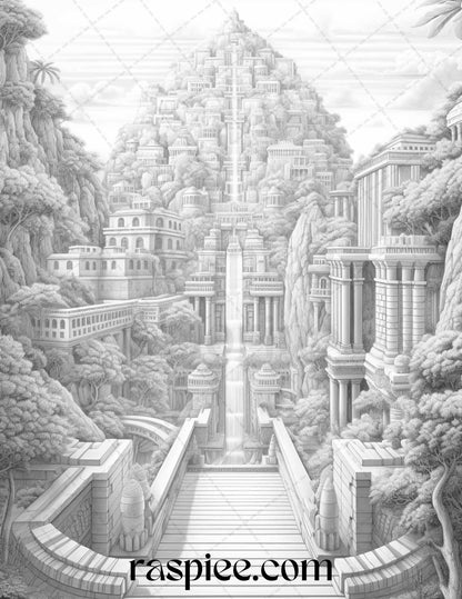 Hanging Gardens of Babylon Grayscale Coloring Pages Printable, PDF File Instant Download