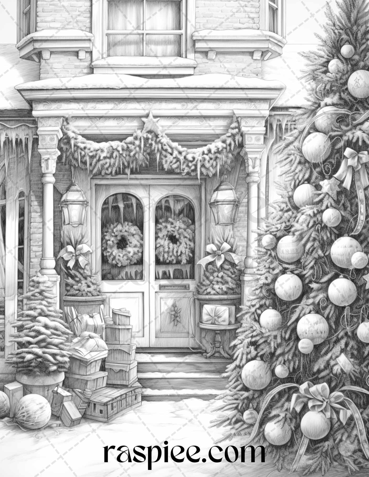 Christmas Store Front Grayscale Coloring Pages for Adults, PDF Printable Instant Download