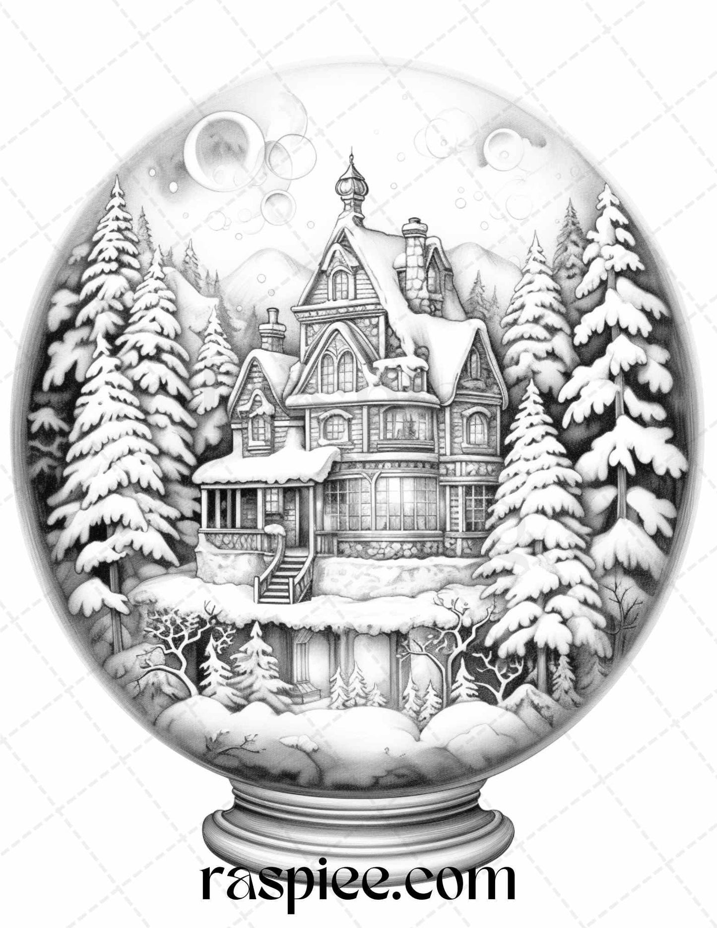 Cozy Cabin in Snow Globe Grayscale Coloring Pages Printable for Adults, PDF File Instant Download