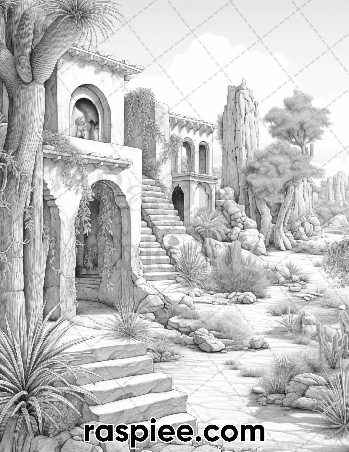55 Desert Oasis Fairy Homes Grayscale Coloring Pages for Adults, Printable PDF Instant Download