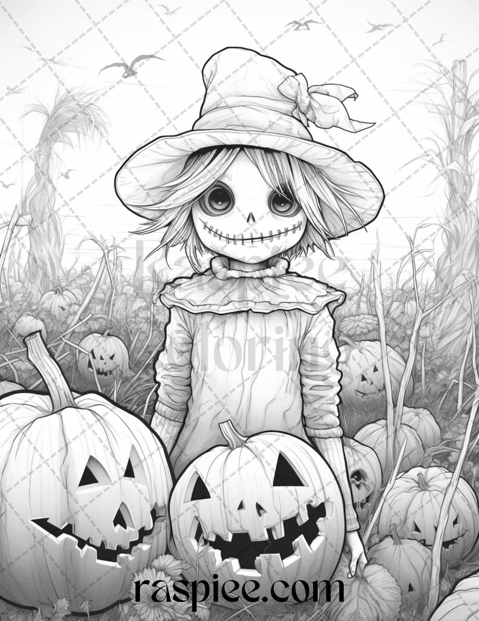 50 Halloween Scarecrows Grayscale Coloring Pages Printable for Adults, PDF File Instant Download