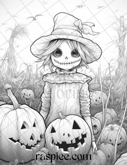 50 Halloween Scarecrows Grayscale Coloring Pages Printable for Adults, PDF File Instant Download