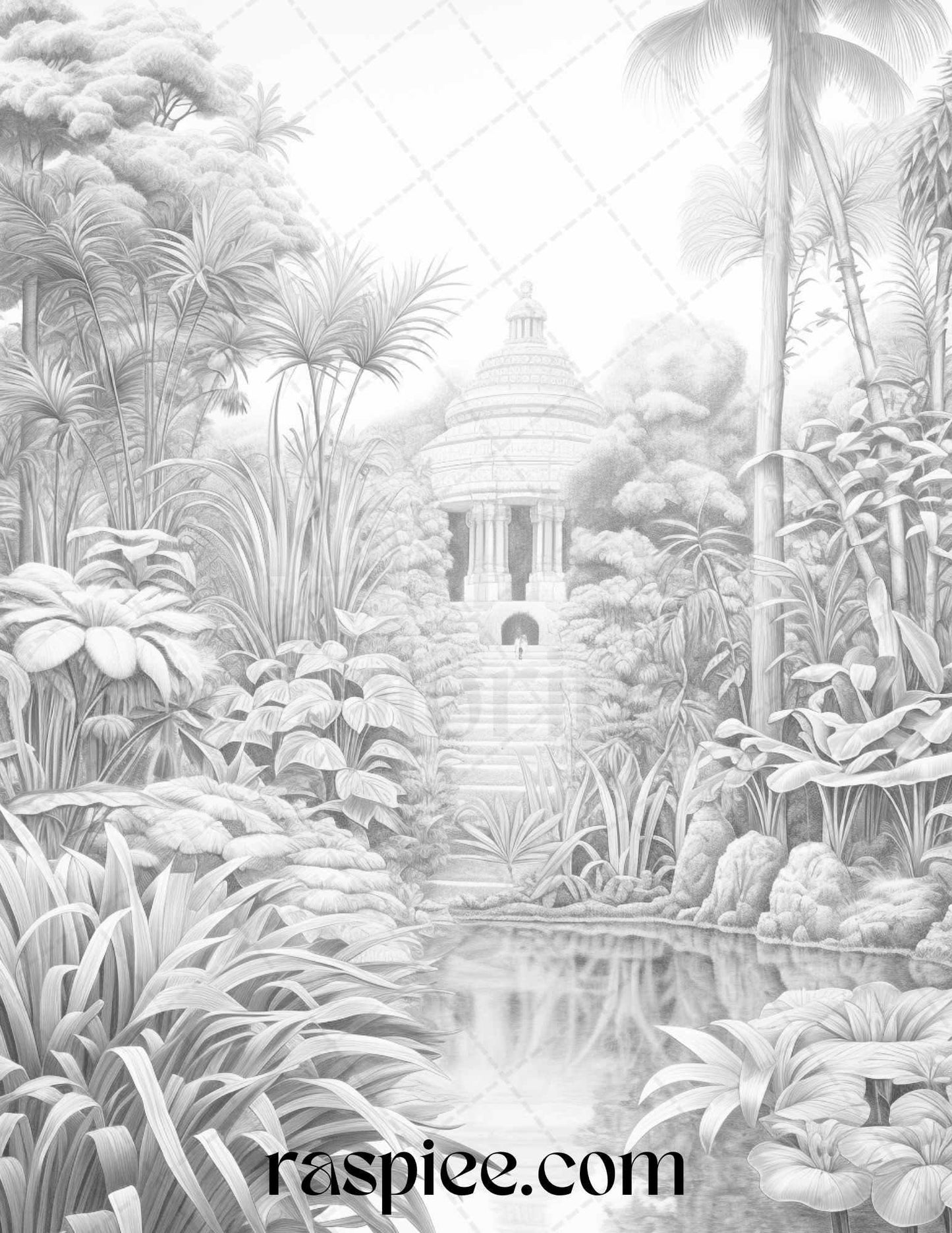 52 Tropical Oasis Grayscale Coloring Pages Printable for Adults, PDF File Instant Download
