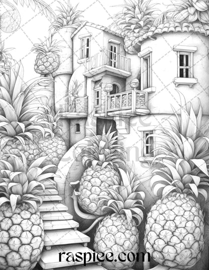 50 Pineapple Houses Grayscale Coloring Pages Printable for Adults, PDF File Instant Download
