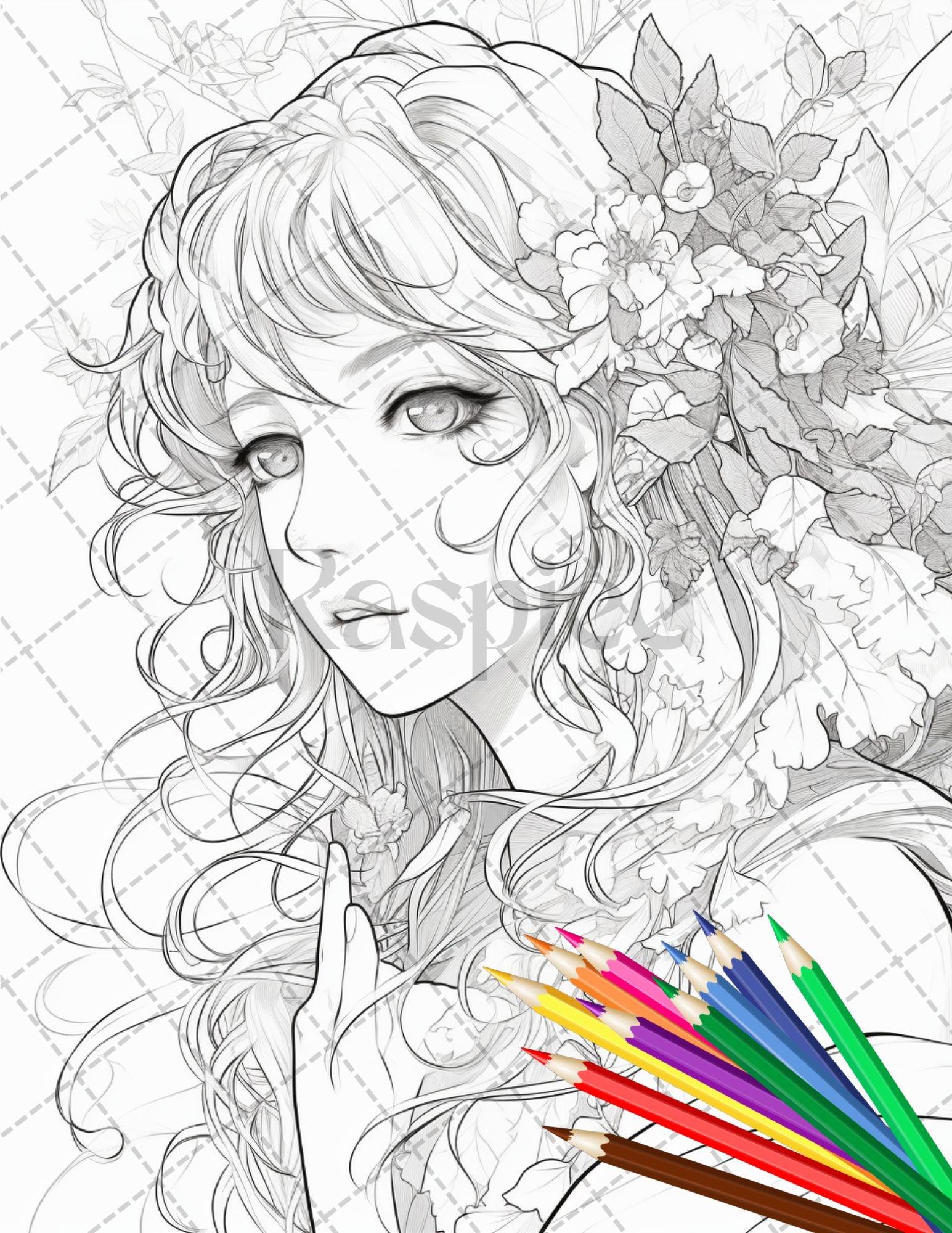 32 Anime Fairy Girl Printable Coloring Pages for Adults, Cute Fairy Grayscale Coloring Book, Printable PDF File Download