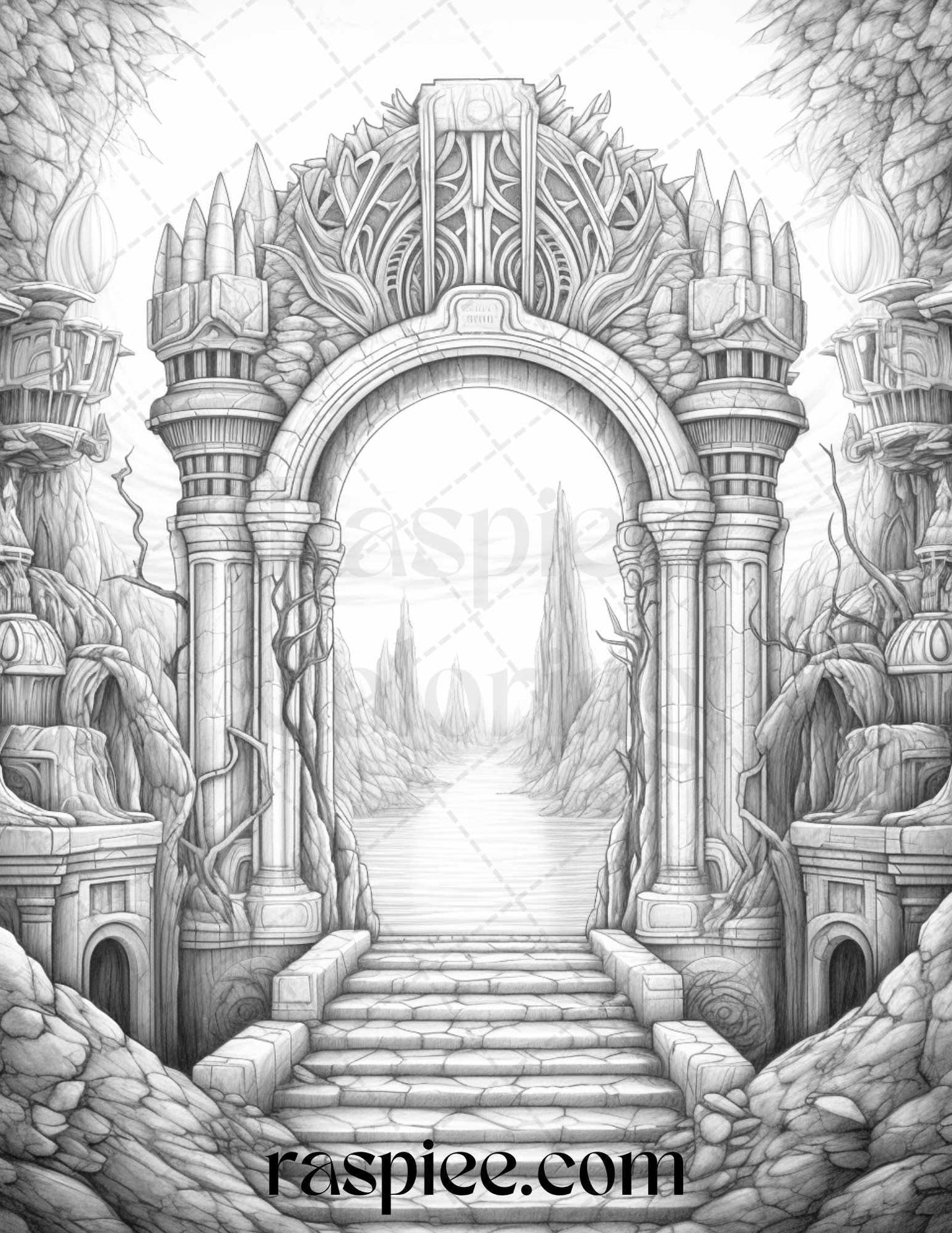 Mystical World Grayscale Coloring Pages Printable for Adults, Enchanting Fantasy Designs, PDF File Instant Download