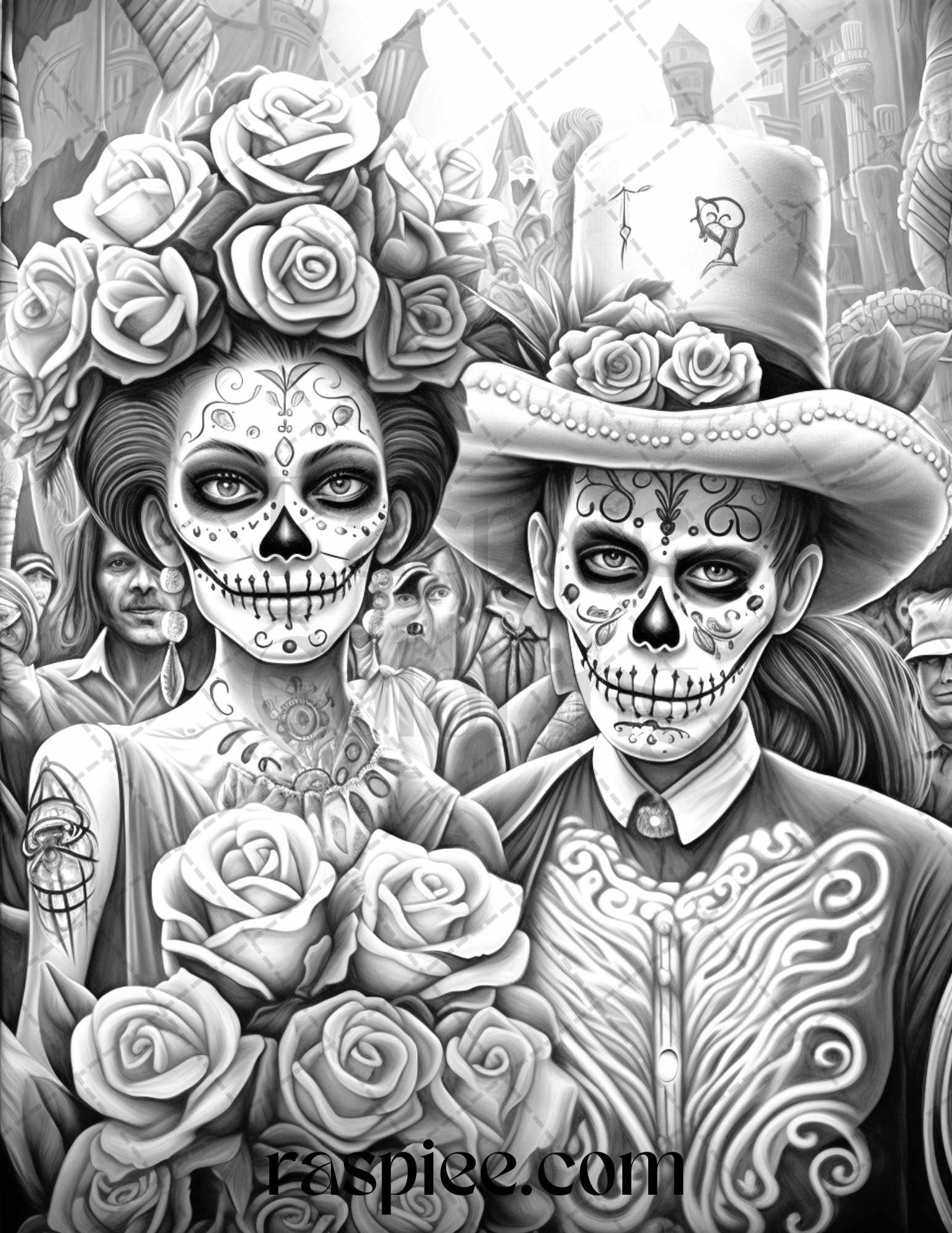 50 Day of the Dead Grayscale Coloring Pages Printable for Adults, PDF File Instant Download