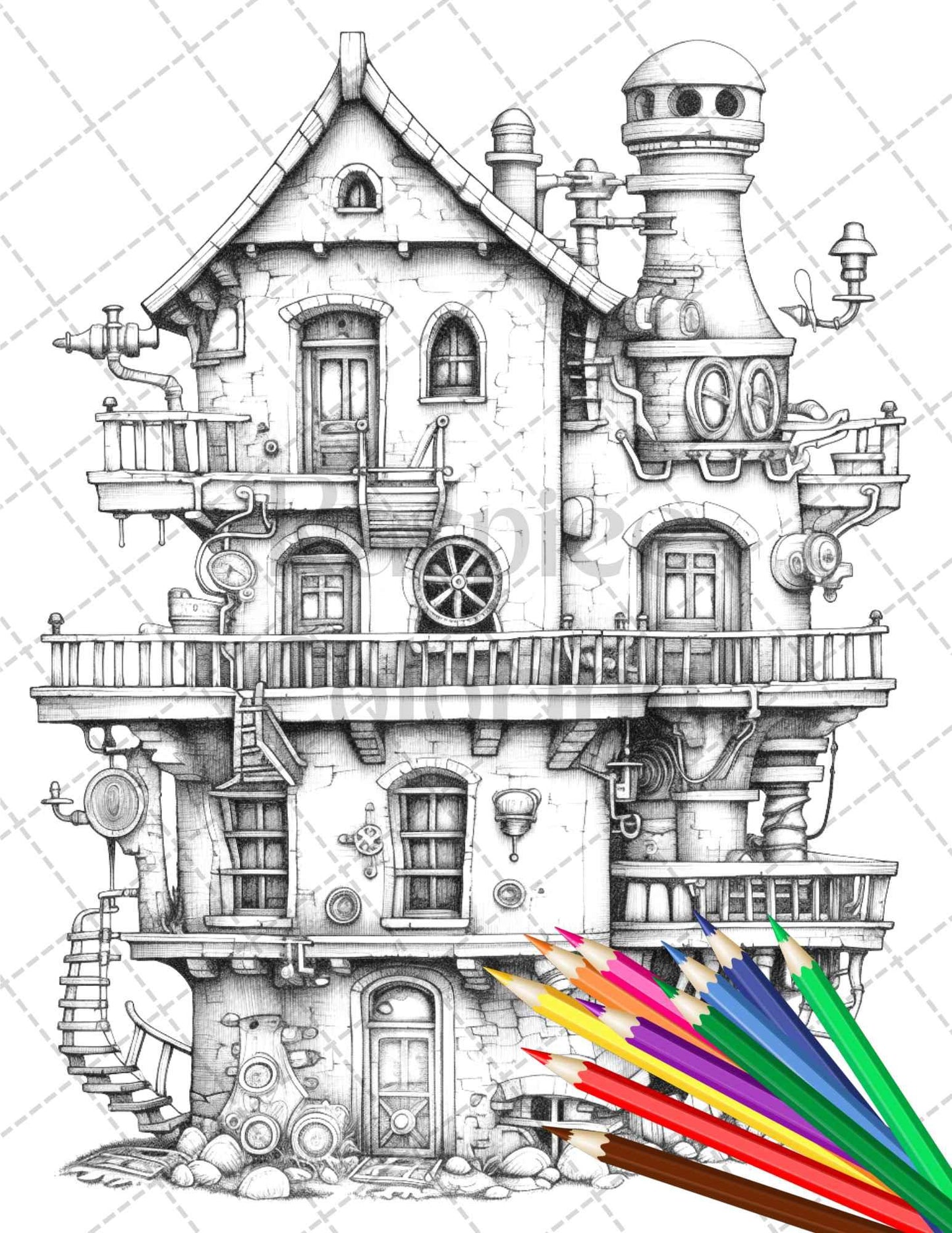 50 Steampunk Houses Grayscale Coloring Pages Printable for Adults, PDF File Instant Download