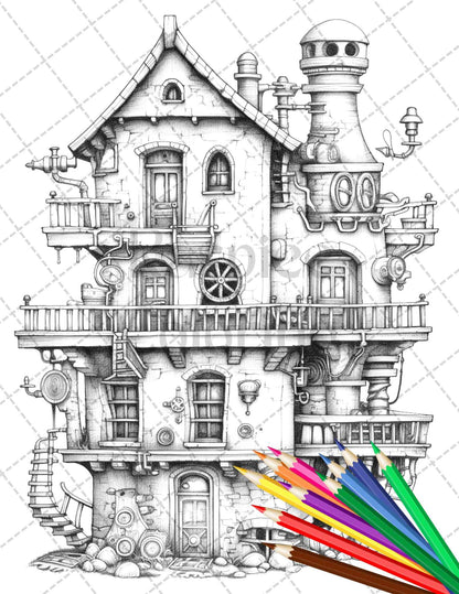 50 Steampunk Houses Grayscale Coloring Pages Printable for Adults, PDF File Instant Download