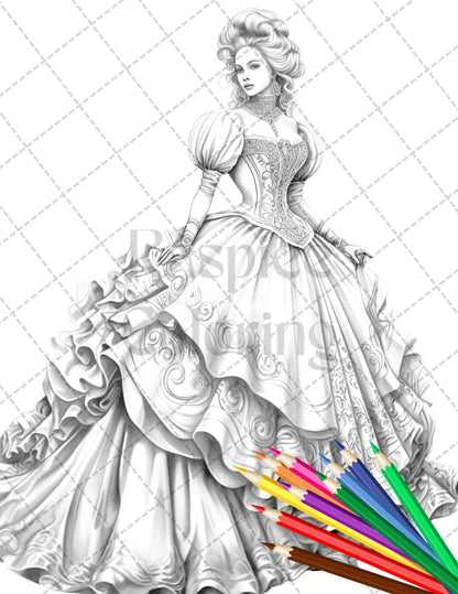 50 Victorian Fashion Grayscale Coloring Pages Printable for Adults, PDF File Instant Download