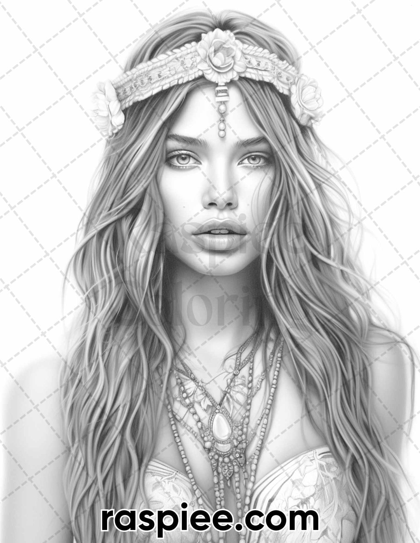 60 Bohemian Beauties Grayscale Coloring Pages for Adults, Printable PDF Instant Download