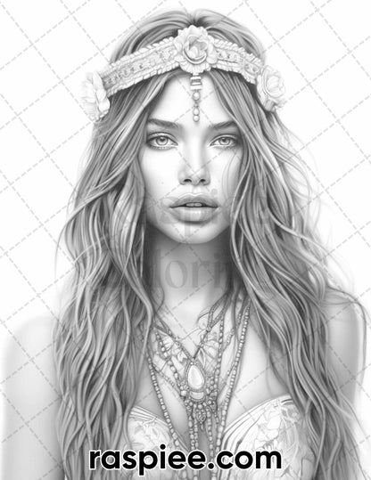 60 Bohemian Beauties Grayscale Coloring Pages for Adults, Printable PDF Instant Download