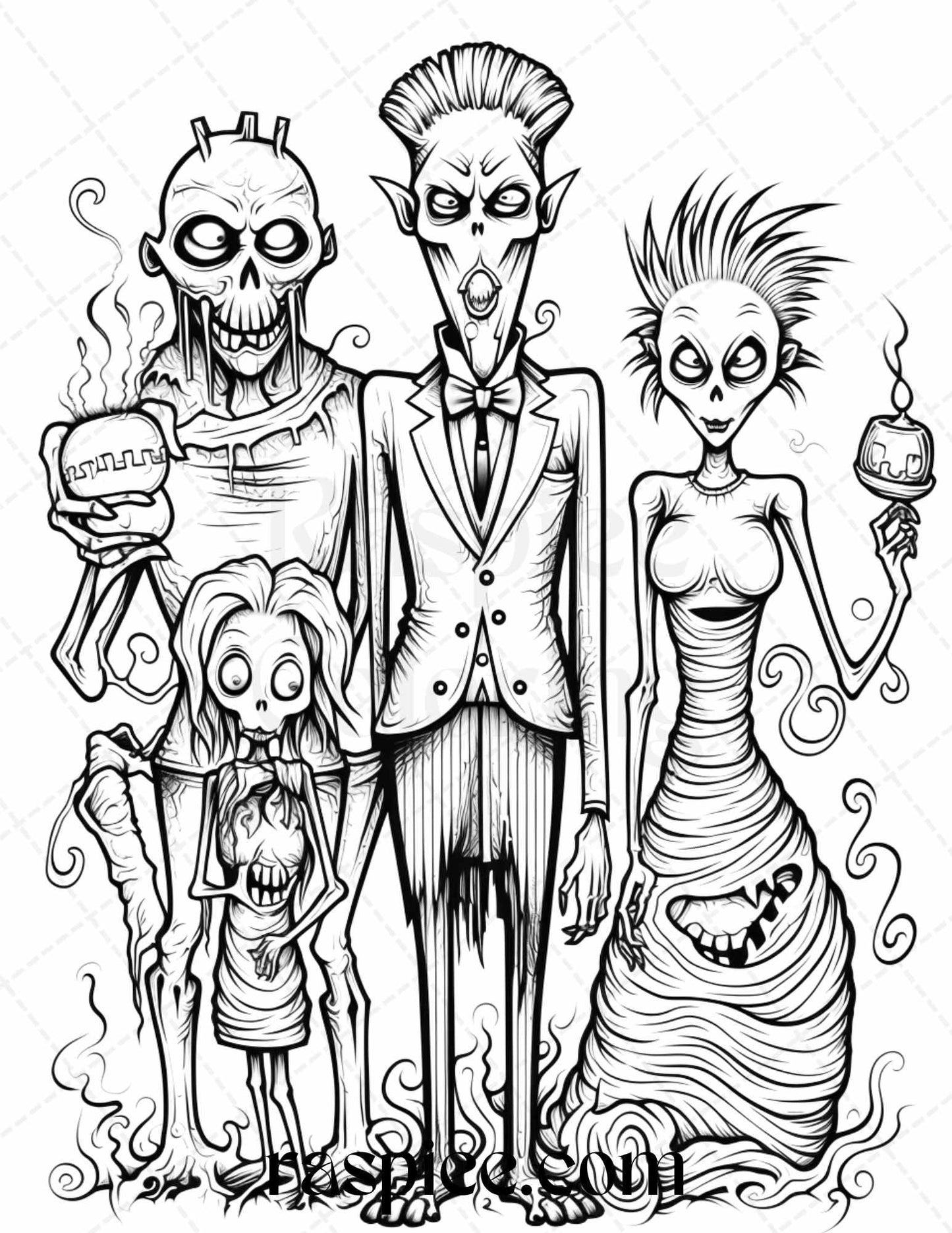 50 Monster Family Grayscale Coloring Pages Printable for Adults - Instant Download, Halloween Coloring Book, Fun and Spooky Designs