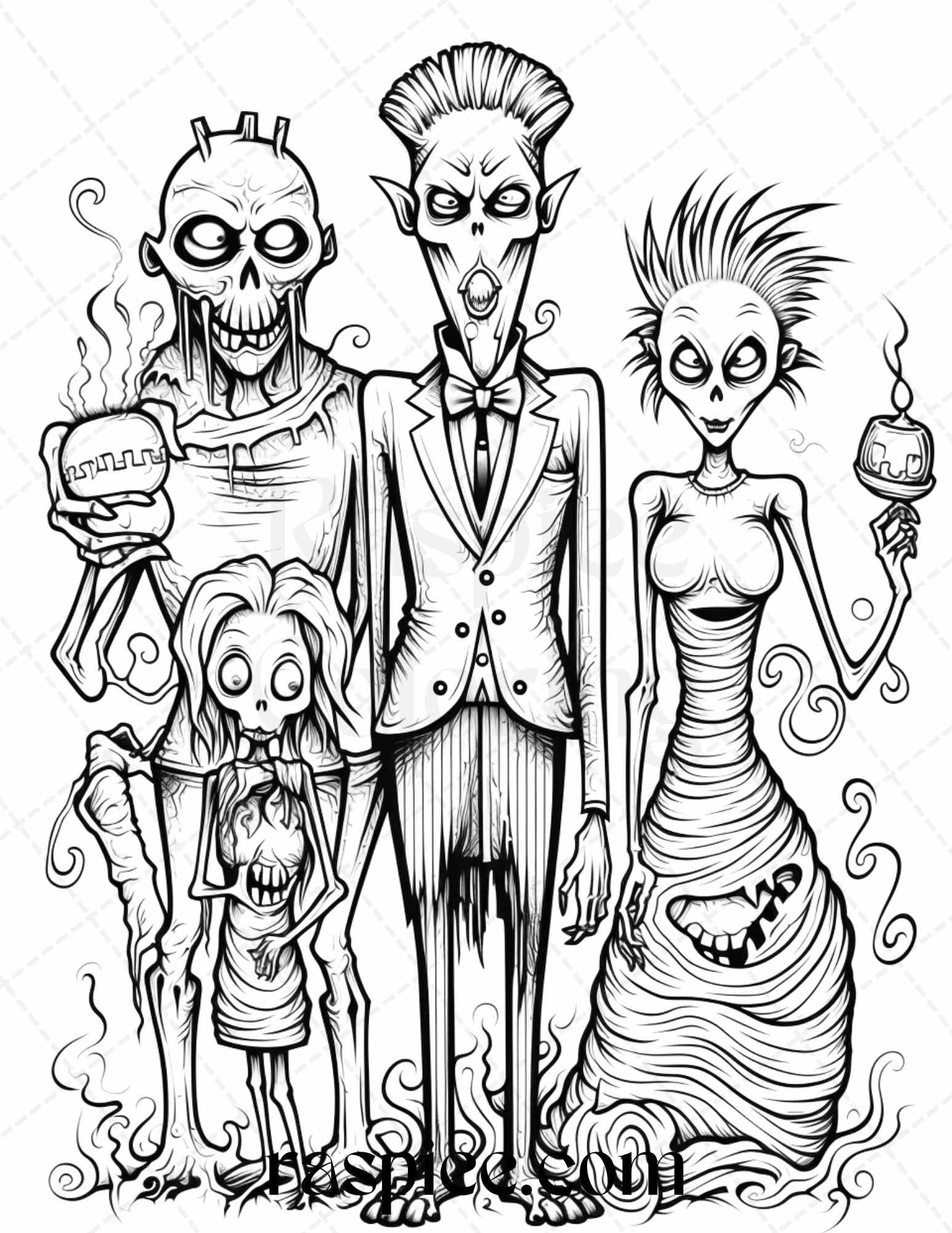 50 Monster Family Grayscale Coloring Pages Printable for Adults - Instant Download, Halloween Coloring Book, Fun and Spooky Designs